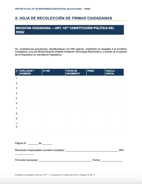 Hoja de recolección de firmas ciudadanas